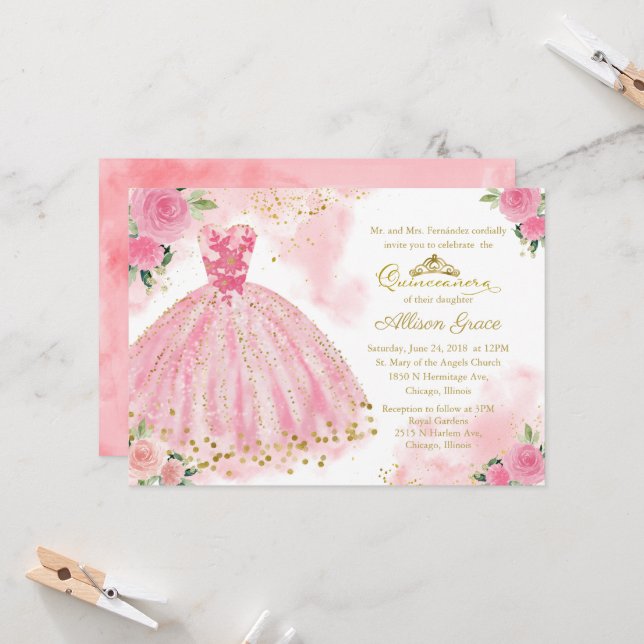 Quinceanera Invitation Gold Foil Hot Pink Gown (Front/Back In Situ)