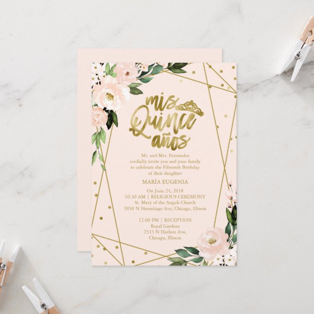 Quinceanera Invitation Gold Foil Pink Blush Floral (Front/Back In Situ)