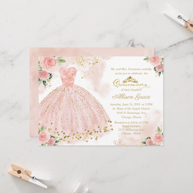 Quinceanera Invitation Gold Foil Pink Blush Gown (Front/Back In Situ)