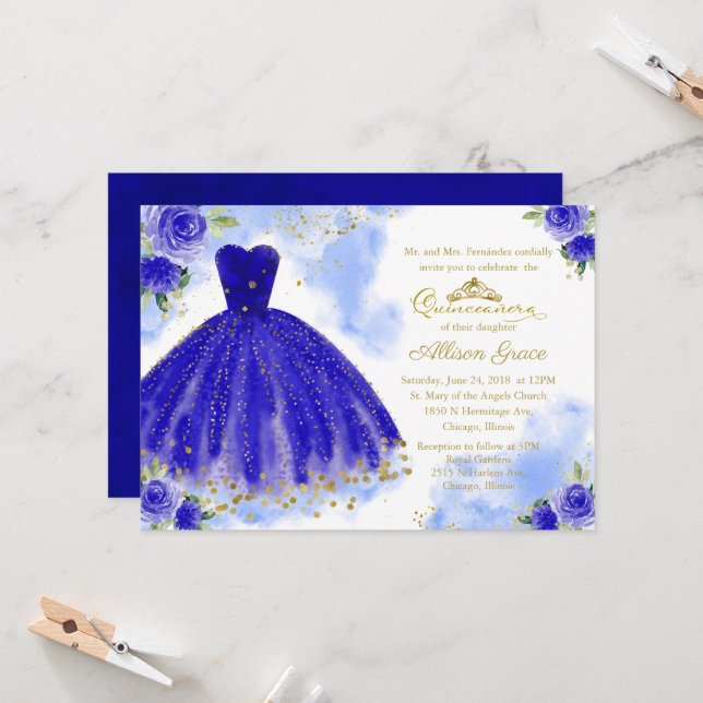 Quinceanera Invitation Gold Foil Royal Blue Gown (Front/Back In Situ)