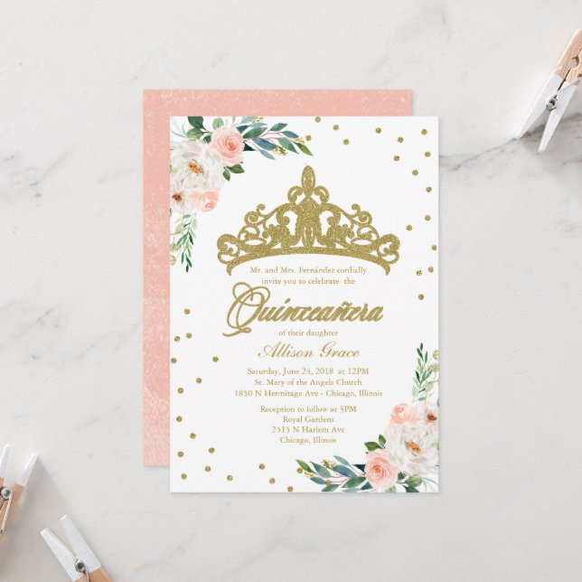 Quinceanera Invitation Gold Tiara And Pink Flowers (Front/Back In Situ)