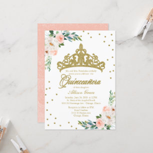 Quinceanera Invitation Gold Tiara And Pink Flowers