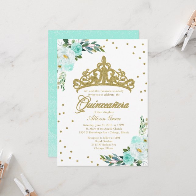Quinceanera Invitation Gold Tiara And Teal Flowers (Front/Back In Situ)