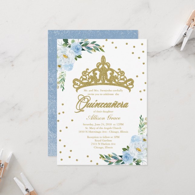 Quinceanera Invitation Gold Tiara Baby Blue Floral (Front/Back In Situ)