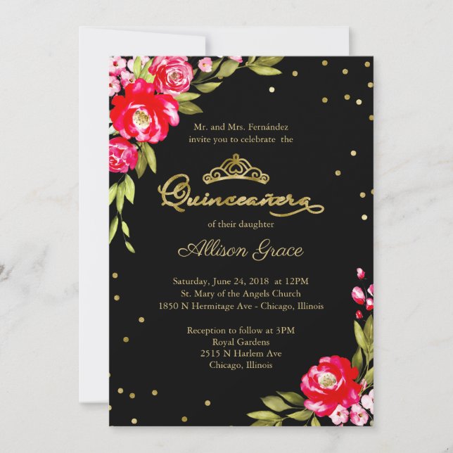 Quinceanera Invitation Hot Pink Floral On Black (Front)