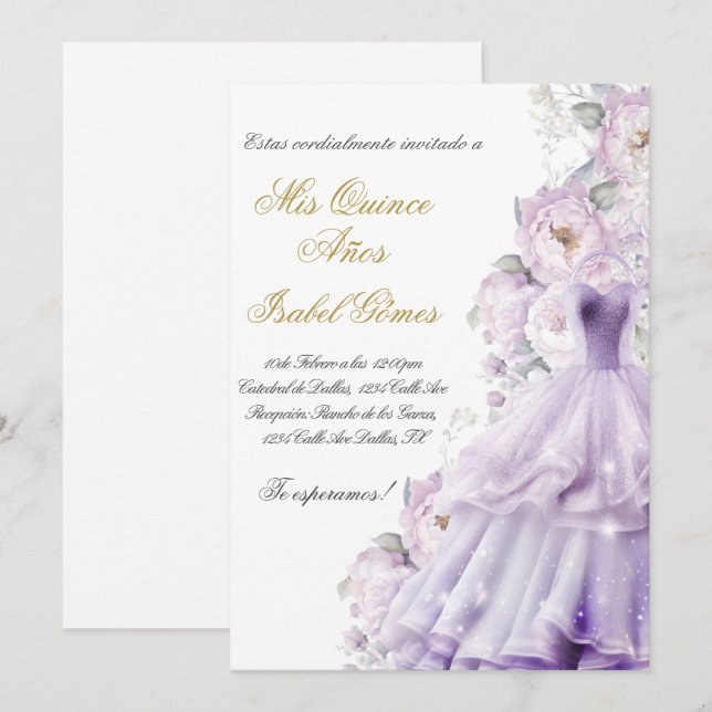 Quinceanera invitation in Spanish con vestido  (Front/Back)