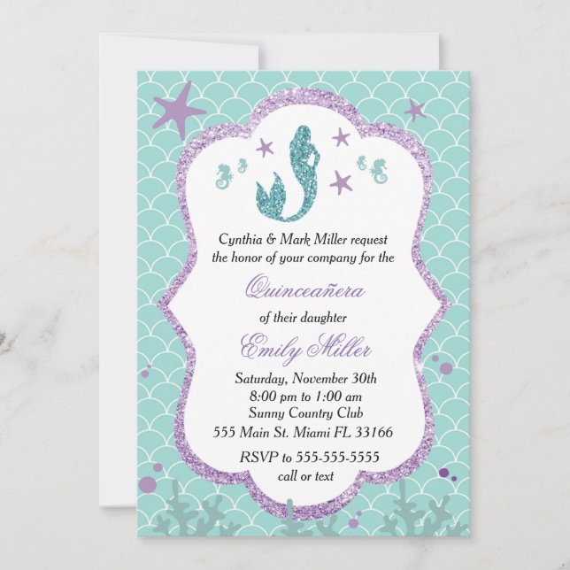 Quinceañera Invitation Mermaid Purple Teal (Front)