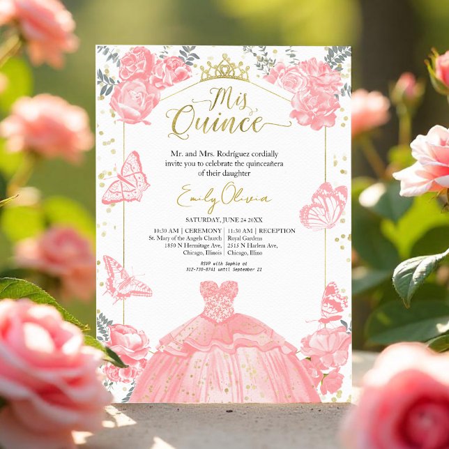 Quinceanera Invitation Pink Dress Floral Gold Foil (Creator Uploaded)