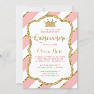 Quinceañera Invitation, Pink, Gold, Crown Invitation