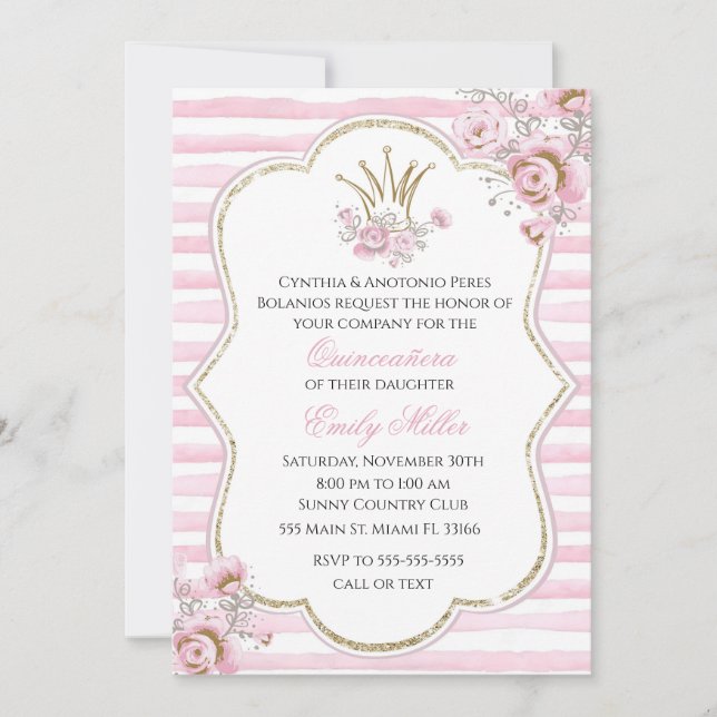Quinceañera invitation princess floral pink gold (Front)