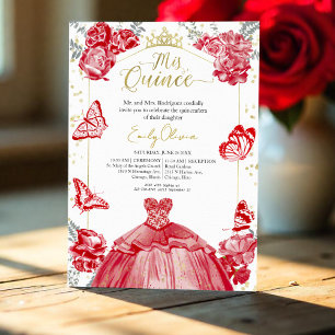 Quinceanera Invitation Red Dress Floral Gold Foil