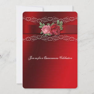 Quinceanera Invitation Red Pink Roses, Lace