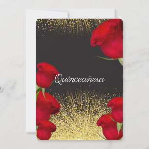 Quinceanera Invitation,  Red Roses, Gold Glitter Invitation