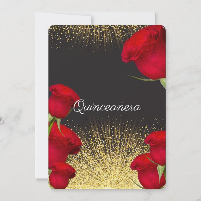 Quinceanera Invitation,  Red Roses, Gold Glitter Invitation (Front)