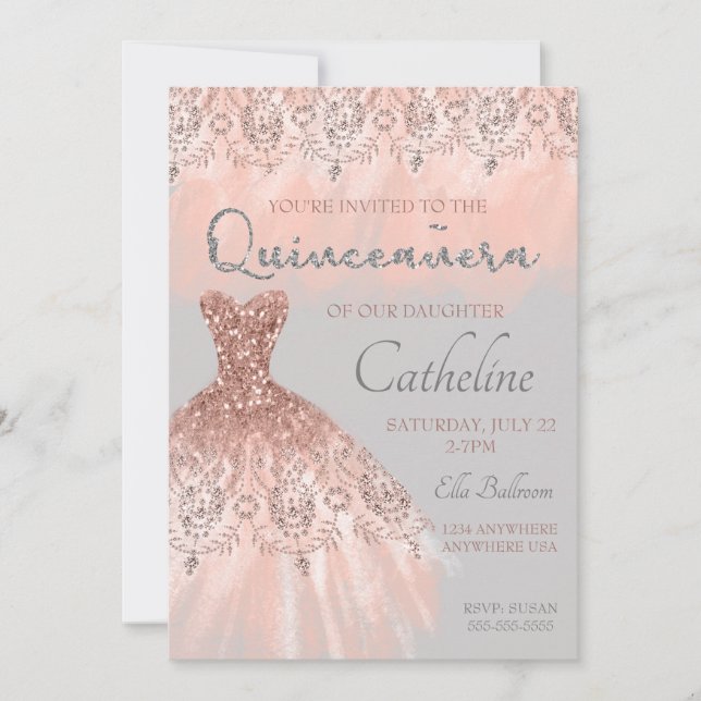 Quinceanera Invitation rose gold, 15th birthday (Front)