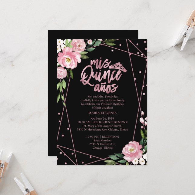 Quinceanera Invitation Rose Gold Foil Pink Floral (Front/Back In Situ)