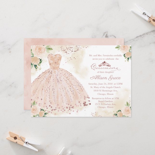Quinceanera Invitation Rose Gold Pink Blush Gown (Front/Back In Situ)