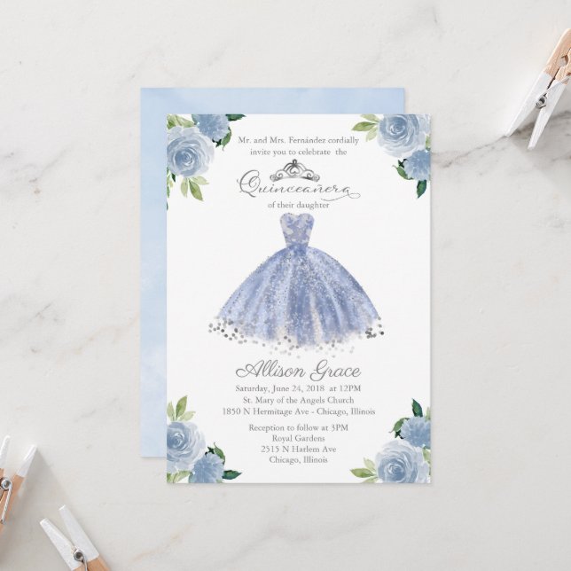 Quinceanera Invitation Silver Blue Floral Gown (Front/Back In Situ)
