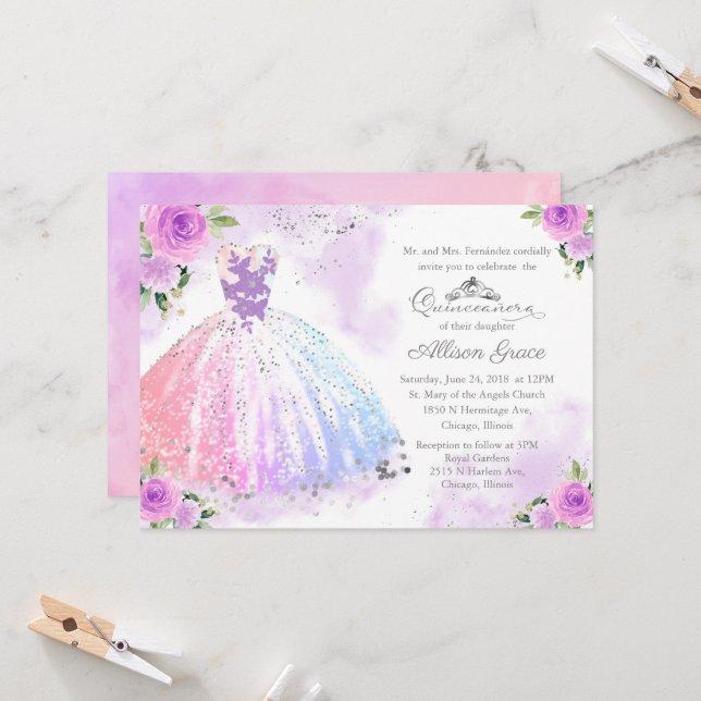 Quinceanera Invitation Silver Pastel Colour Gown (Front/Back In Situ)
