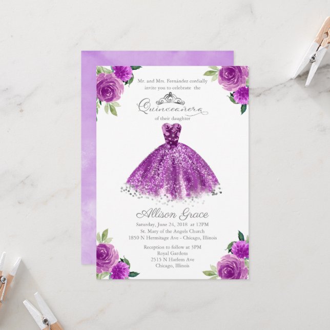 Quinceanera Invitation Silver Purple Floral Gown (Front/Back In Situ)