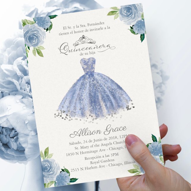 Quinceanera Invitation Spanish Blue Gown Floral (Creator Uploaded)