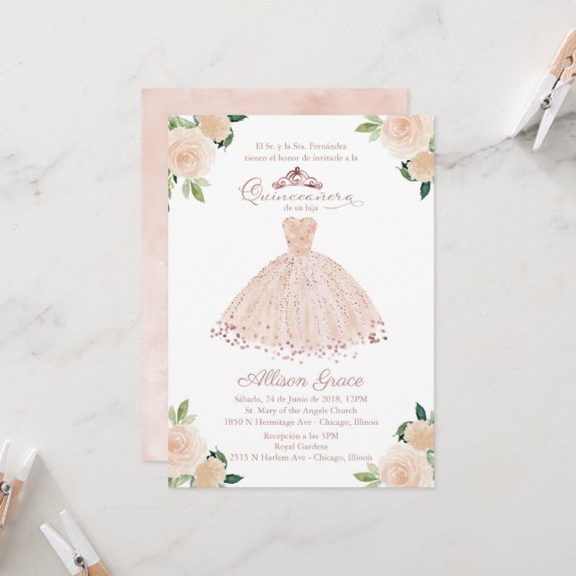 Quinceanera Invitation Spanish Blush Gown Floral (Front/Back In Situ)