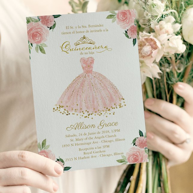 Quinceanera Invitation Spanish Blush Gown Floral (Creator Uploaded)