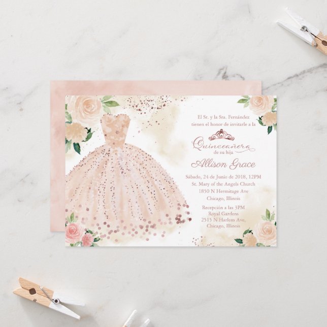 Quinceanera Invitation Spanish Blush Rose Gold (Front/Back In Situ)
