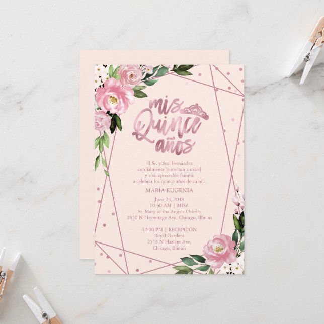 Quinceanera Invitation Spanish Blush Rose Gold (Front/Back In Situ)