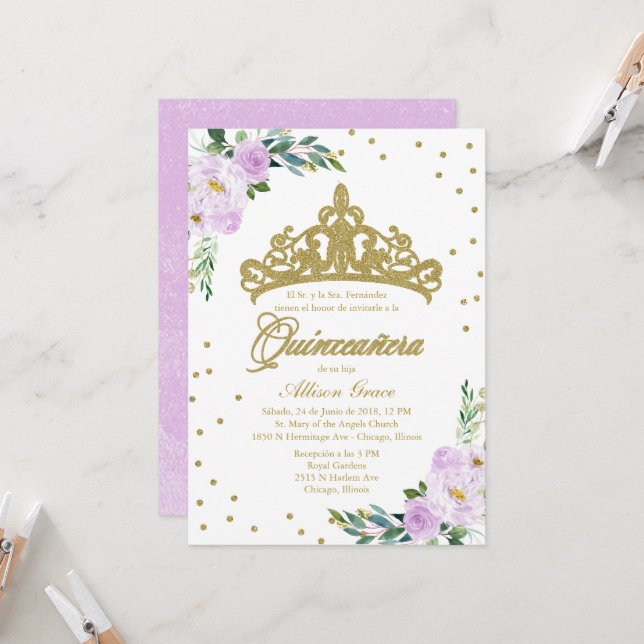 Quinceanera Invitation Spanish Gold Tiara Lilac (Front/Back In Situ)