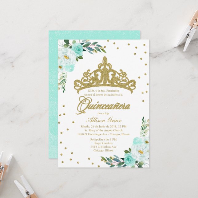 Quinceanera Invitation Spanish Gold Tiara Teal (Front/Back In Situ)