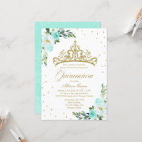 Quinceanera Invitation Spanish Gold Tiara Teal
