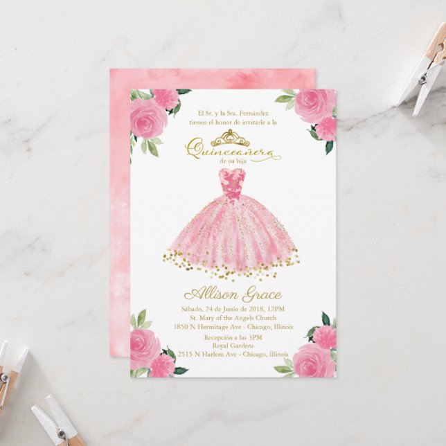 Quinceanera Invitation Spanish Hot Pink Gown (Front/Back In Situ)