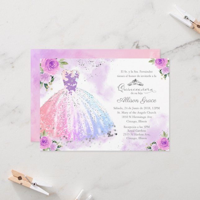 Quinceanera Invitation Spanish Pastel Colour Gown (Front/Back In Situ)