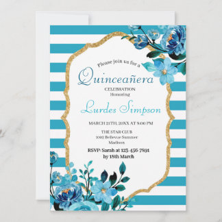  Quinceañera invitation Stripe Floral Blue