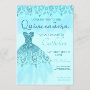 Quinceanera Invitation teal Glitter, 15th birthday