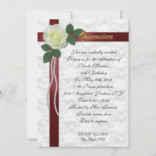 Quinceanera Invitation White rose and red ribbon (Front)