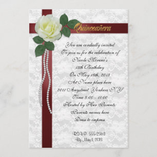 Quinceanera Invitation White rose and red ribbon
