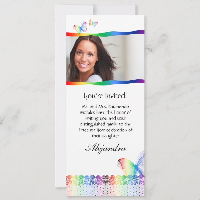 Quinceanera Invitations Butterfly Lace Rainbow (Front)