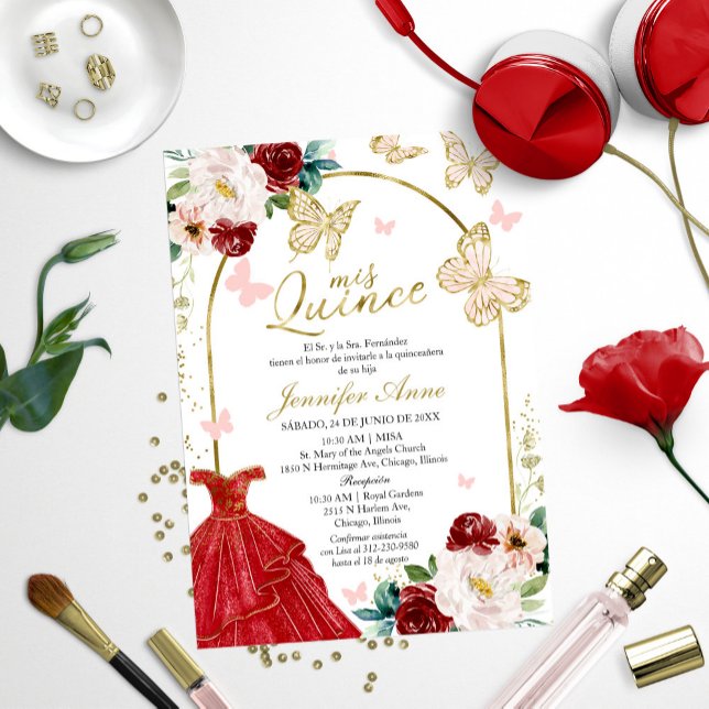 Quinceanera Invitations Butterfly Red Spanish  (Creator Uploaded)