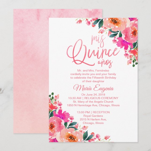 Quinceanera Invitations Hot Pink Floral (Front/Back)