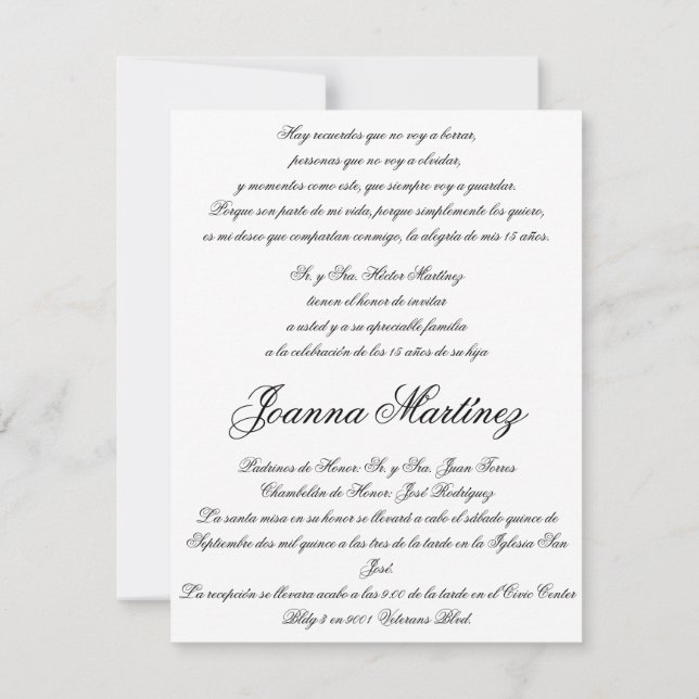 Quinceanera Invitations in Spanish 4.25 x 5.5 (Back)