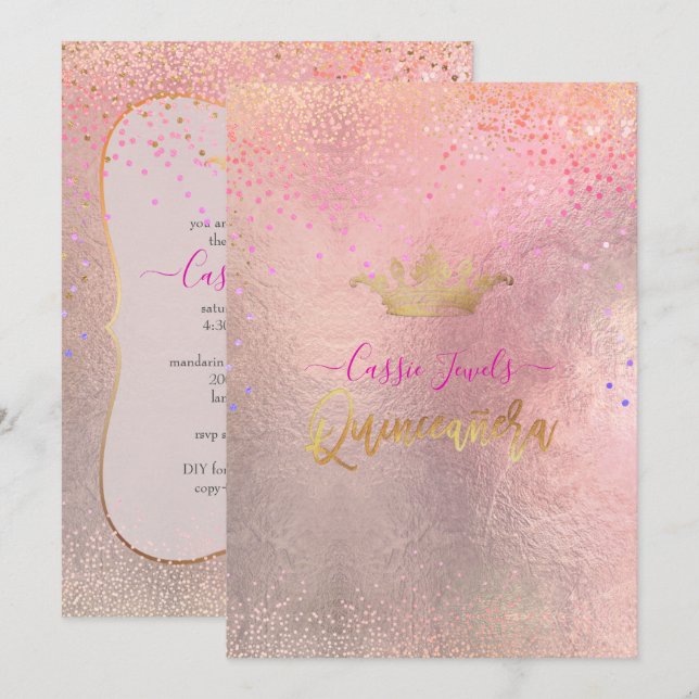 Quinceanera Iridescent Confetti+Princess Crown Invitation (Front/Back)