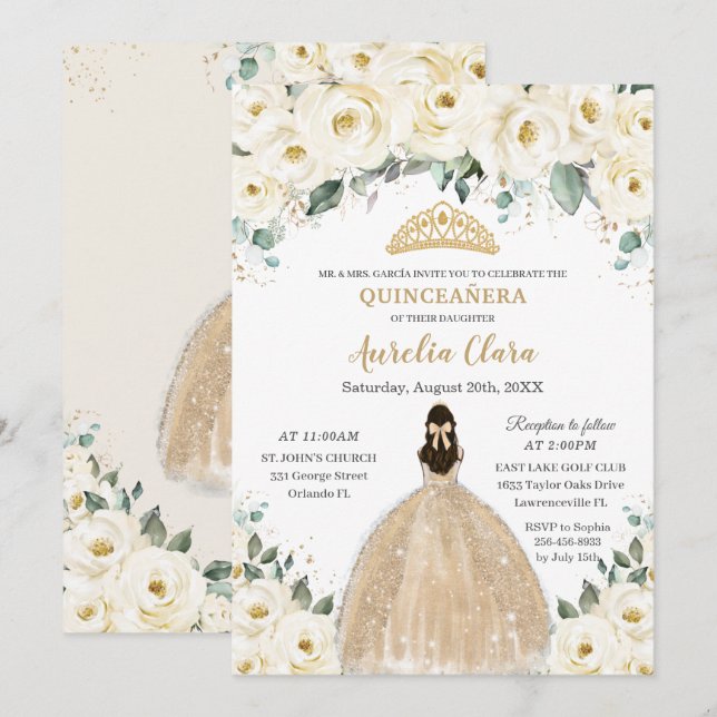Quinceañera Ivory Floral Champagne Dress Princess Invitation (Front/Back)