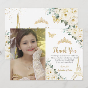 Quinceañera Ivory Floral Paris 16th Birthday Photo Thank You Card
