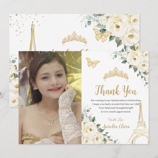 Quinceañera Ivory Floral Paris 16th Birthday Photo Thank You Card (Front/Back)
