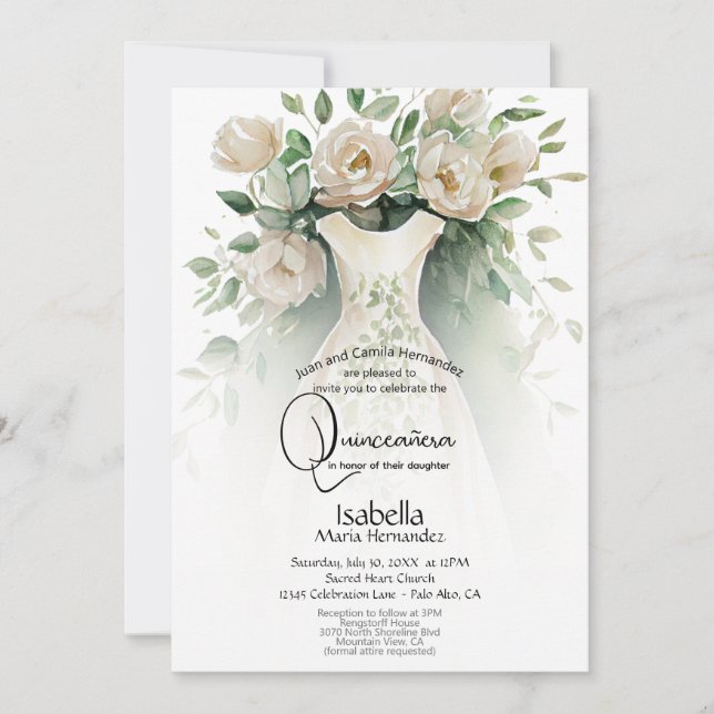 Quinceañera | Ivory Flowers and Dress Invitation (Front)