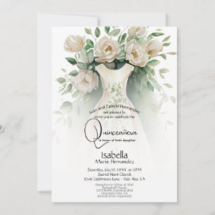 Quinceañera   Ivory Flowers and Dress Invitation