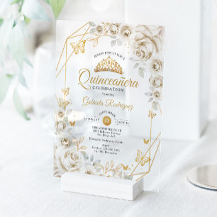 Quinceanera Ivory  Gold Cream Floral Acrylic Invitations
