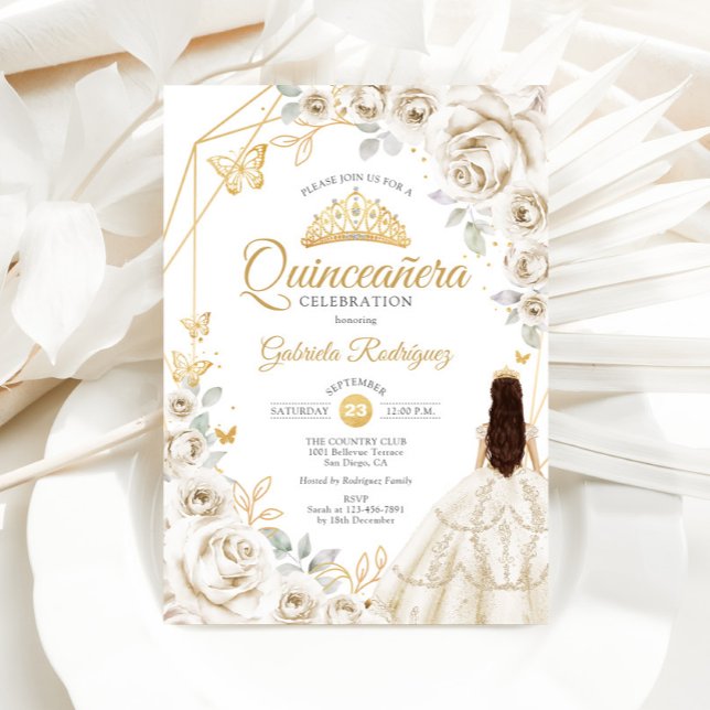 Quinceanera Ivory Gold Cream Gold Floral Dress Invitation (Creator Uploaded)